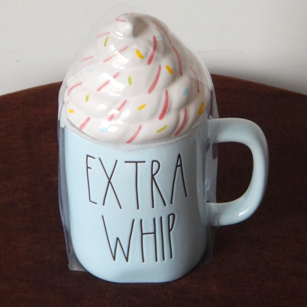 NEW Rae Dunn Artisan Collection EXTRA WHIP Blue Mug w/ Whipped Cream Topper Set